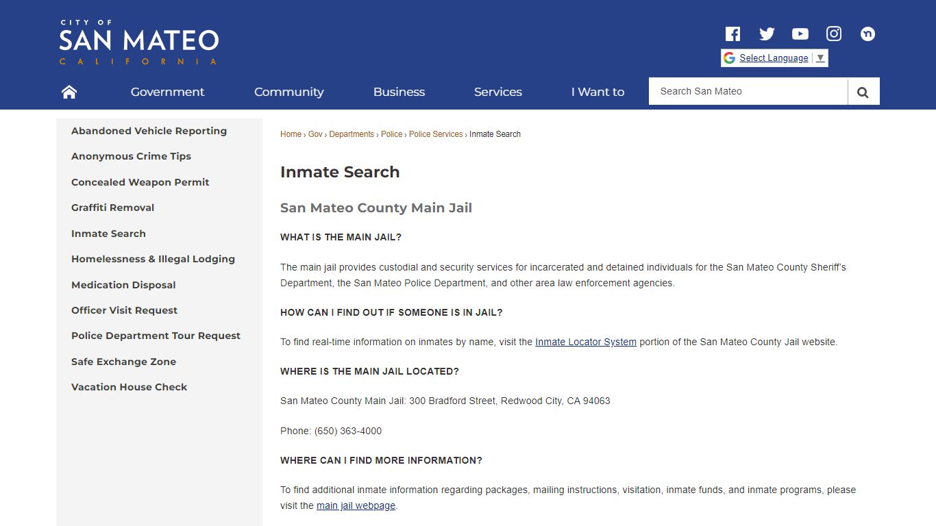 Inmate Search | San Mateo, CA - Official Website